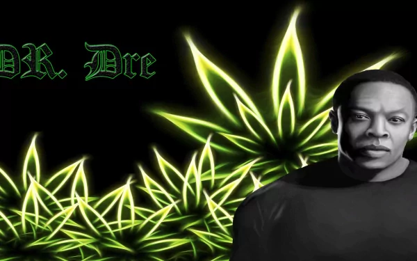 HD PC desktop wallpaper featuring Dr. Dre with glowing green abstract designs and his name in matching green text against a black background.