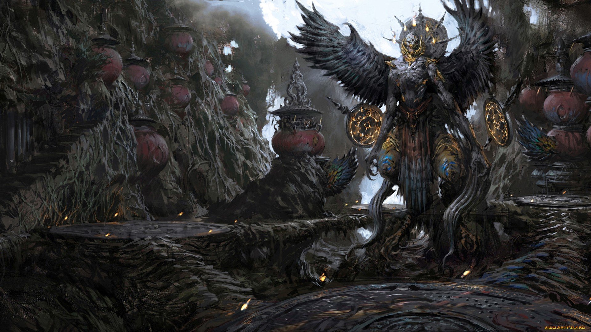 HD fantasy PC desktop wallpaper featuring a majestic, armored winged creature standing amidst a dark, mystical landscape with glowing elements and intricate details.
