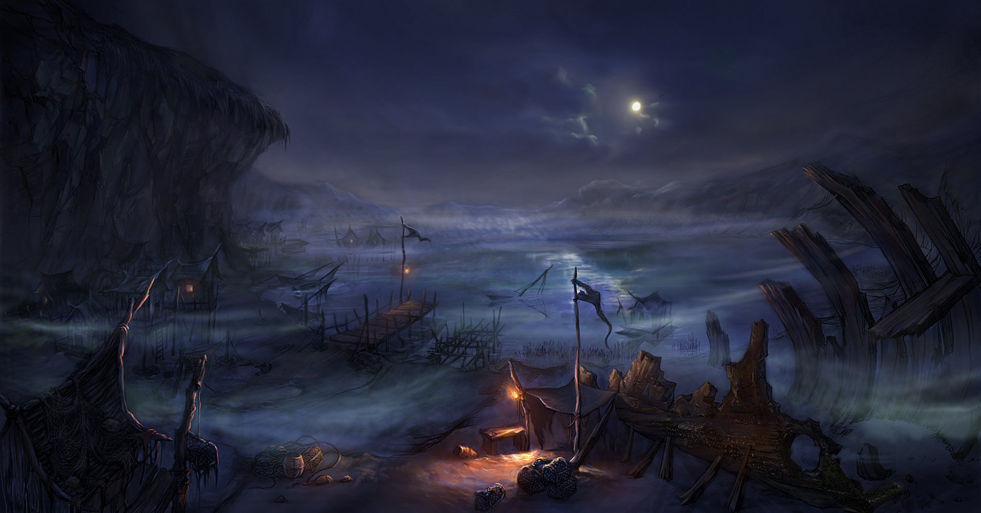 Dark fantasy Diablo III–style mountain landscape at night: mist-filled valley, jagged cliffs and smoldering encampment — HD PC desktop wallpaper/background.