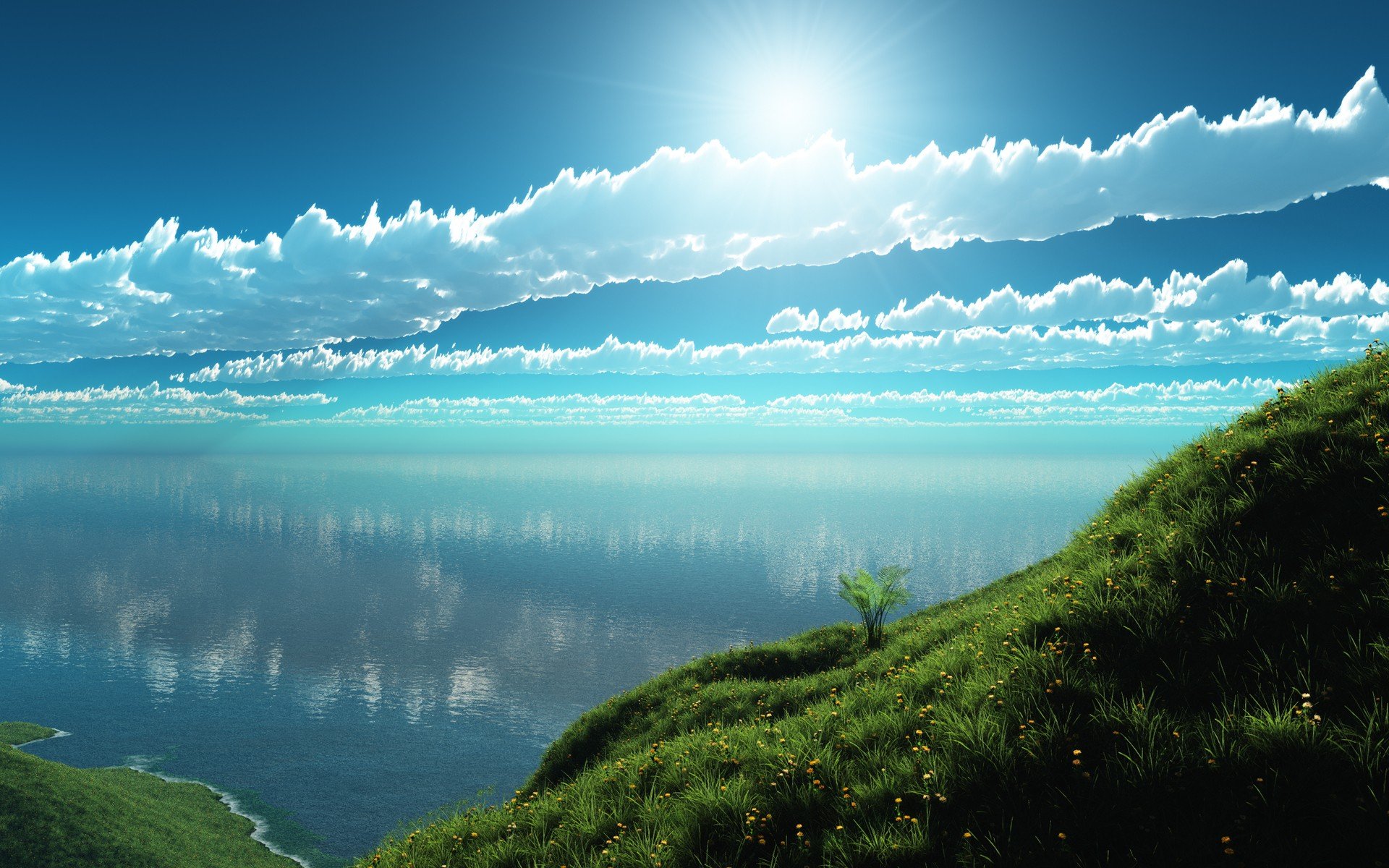 Artistic HD landscape wallpaper depicting a serene lake under a bright sun with layered clouds and a grassy hill in the foreground.