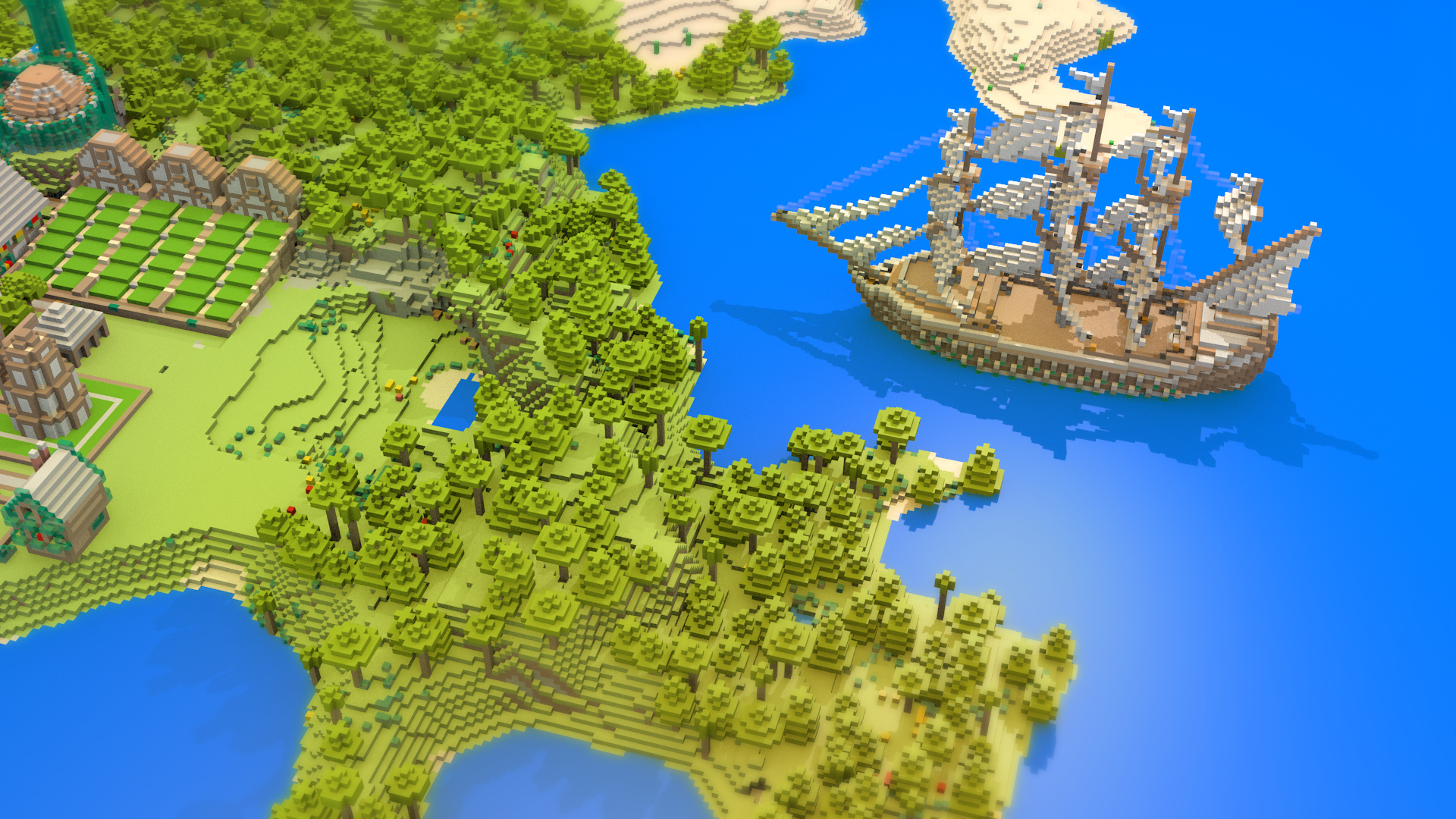 A vibrant HD desktop wallpaper showcasing a Minecraft landscape with lush green forests, a river, and a detailed ship sailing nearby, capturing the essence of the video game world.