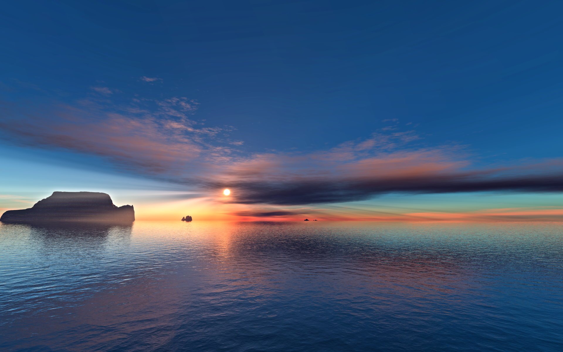 Artistic HD PC desktop wallpaper featuring a serene landscape of a calm sea at sunset with a distant island and vibrant sky reflections.