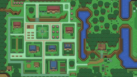 A vibrant 2D HD desktop wallpaper featuring a detailed game map from The Legend of Zelda: A Link to the Past, showcasing classic video game pixel art and layout.