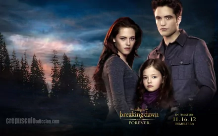 A dramatic HD wallpaper from The Twilight Saga: Breaking Dawn - Part 2, featuring Edward Cullen (Robert Pattinson), Bella Swan (Kristen Stewart), and their daughter against a forest backdrop.