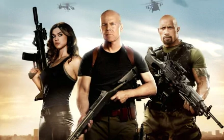 HD PC desktop wallpaper featuring three armed characters from the action thriller movie G.I. Joe: Retaliation, set against a sky backdrop with helicopters.