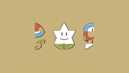 HD PC desktop wallpaper: beige minimalist design with cut-out shapes revealing Super Mario Bros. 3 cartoon characters — a smiling star centered with partial character faces peeking at the sides.