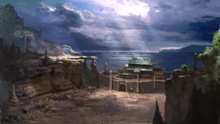 HD fantasy landscape depicts a dramatic coastline with ancient ruins under a moody sky, serving as a captivating PC desktop wallpaper and background.