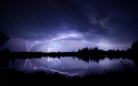 HD desktop wallpaper showcasing a dramatic lightning strike illuminating a dark, cloudy night sky over a calm lake with silhouetted trees.