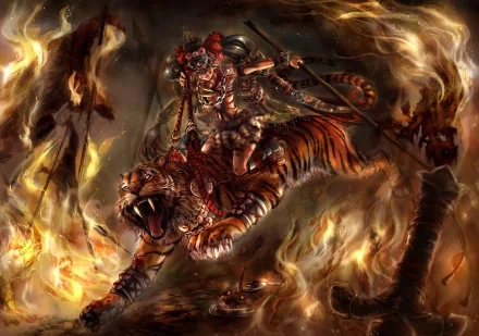 A fierce woman warrior riding a roaring tiger engulfed in flames, depicted in a vivid fantasy HD PC desktop wallpaper and background.