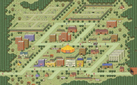 HD desktop wallpaper illustrating a detailed pixel art map of a town from the video game Earthbound, showcasing buildings, roads, and surrounding greenery.