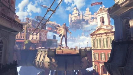 A vibrant HD wallpaper from *Bioshock Infinite*, featuring a majestic statue amidst a floating city under a bright sky, showcasing the game's stunning visual design and atmosphere.