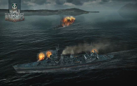 HD PC desktop wallpaper showcasing an intense naval battle scene from the video game World of Warships, featuring warships exchanging fire on a stormy sea.
