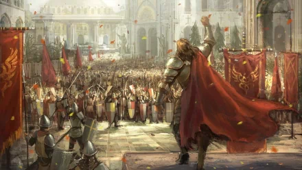 A bold knight in shining armor stands on a platform, rallying a massive crowd of soldiers in a grand, fantasy setting, surrounded by banners and a majestic backdrop. HD desktop wallpaper.
