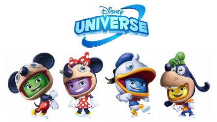 HD desktop wallpaper featuring animated Disney Universe characters in colorful costumes from the Disney video game series.