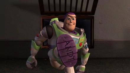 Buzz Lightyear steps confidently into the scene from Toy Story 2, showcasing his iconic space ranger suit and the name Andy's on his boot, a hallmark of his adventurous spirit.