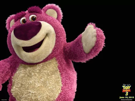 HD desktop wallpaper of Lots-o'-Huggin' Bear (Lotso) from Toy Story 3, smiling and waving on a black background.