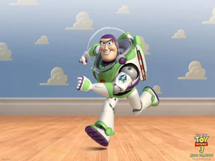 HD desktop wallpaper featuring Buzz Lightyear, the animated character from the movie Toy Story 3, set against a simple room background with blue walls and clouds.