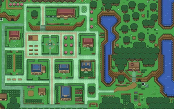 A vibrant 2D HD desktop wallpaper featuring a detailed game map from The Legend of Zelda: A Link to the Past, showcasing classic video game pixel art and layout.