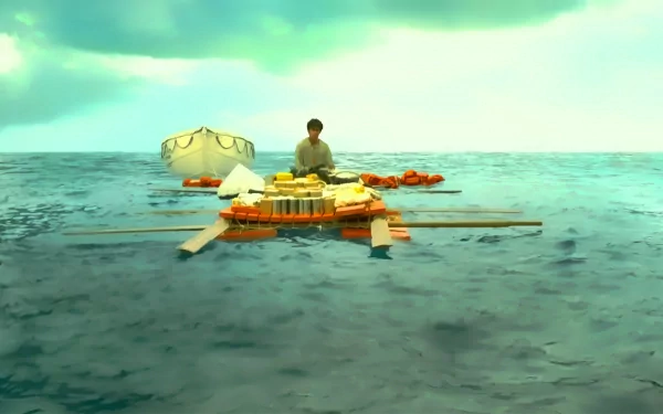 HD desktop wallpaper from the movie Life of Pi showing a young man on a raft in the ocean, highlighting themes of survival and solitude.