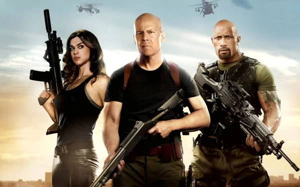 HD PC desktop wallpaper featuring three armed characters from the action thriller movie G.I. Joe: Retaliation, set against a sky backdrop with helicopters.