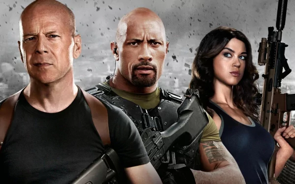 HD PC desktop wallpaper of three armed heroes from the action-adventure movie G.I. Joe: Retaliation, standing ready against a smoky, war-torn backdrop.