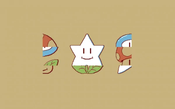 HD PC desktop wallpaper: beige minimalist design with cut-out shapes revealing Super Mario Bros. 3 cartoon characters — a smiling star centered with partial character faces peeking at the sides.