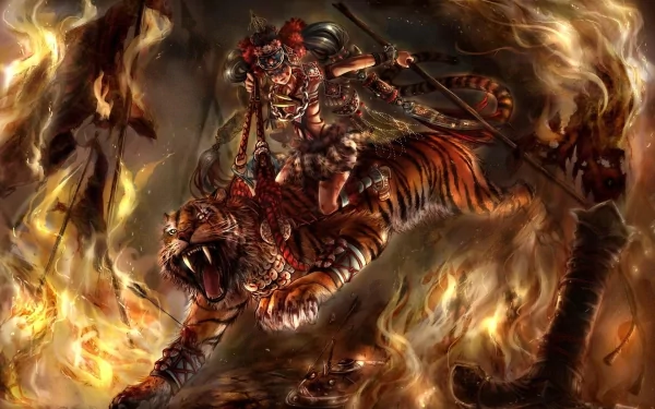 A fierce woman warrior riding a roaring tiger engulfed in flames, depicted in a vivid fantasy HD PC desktop wallpaper and background.