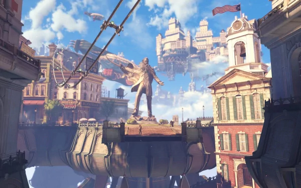 A vibrant HD wallpaper from *Bioshock Infinite*, featuring a majestic statue amidst a floating city under a bright sky, showcasing the game's stunning visual design and atmosphere.