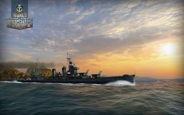 HD PC desktop wallpaper from the video game World of Warships, featuring a detailed battleship cruising through calm waters under a dramatic sunset sky.