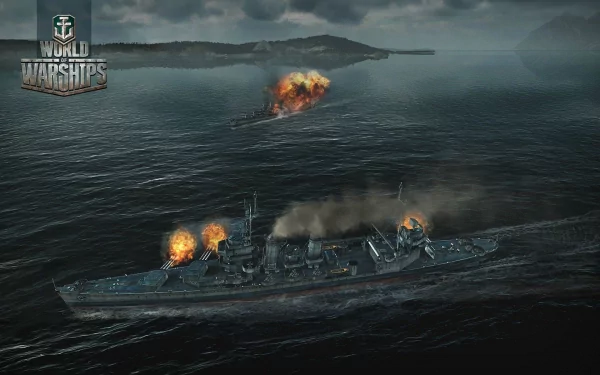 HD PC desktop wallpaper showcasing an intense naval battle scene from the video game World of Warships, featuring warships exchanging fire on a stormy sea.