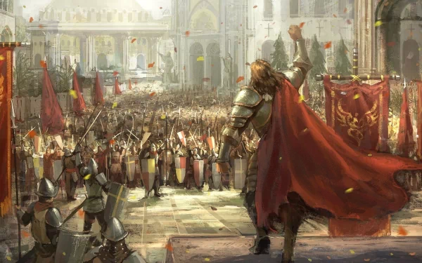 A bold knight in shining armor stands on a platform, rallying a massive crowd of soldiers in a grand, fantasy setting, surrounded by banners and a majestic backdrop. HD desktop wallpaper.