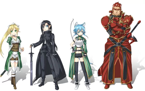 HD PC desktop wallpaper featuring Eugene, Kirito, Shino Asada, and Suguha Kirigaya from the anime Sword Art Online II, showcasing the characters in detailed anime style.