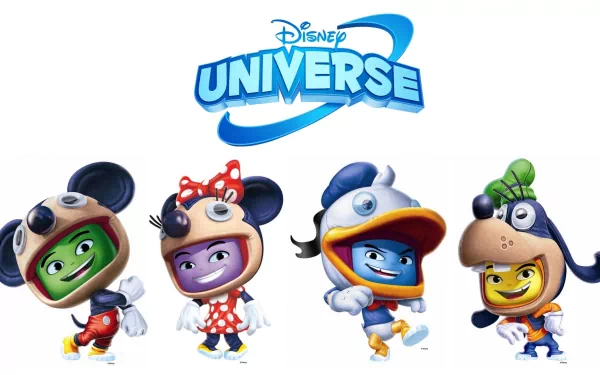 HD desktop wallpaper featuring animated Disney Universe characters in colorful costumes from the Disney video game series.