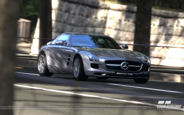 A sleek Mercedes SLS AMG car from the Gran Turismo 5 video game, showcased in stunning 4K Ultra HD as a dynamic PC desktop wallpaper.