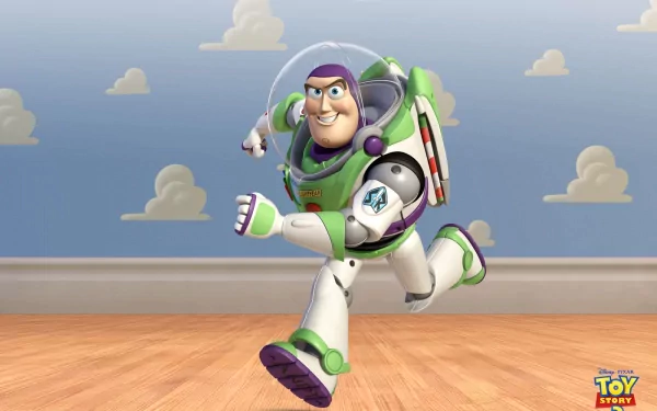 HD desktop wallpaper featuring Buzz Lightyear, the animated character from the movie Toy Story 3, set against a simple room background with blue walls and clouds.