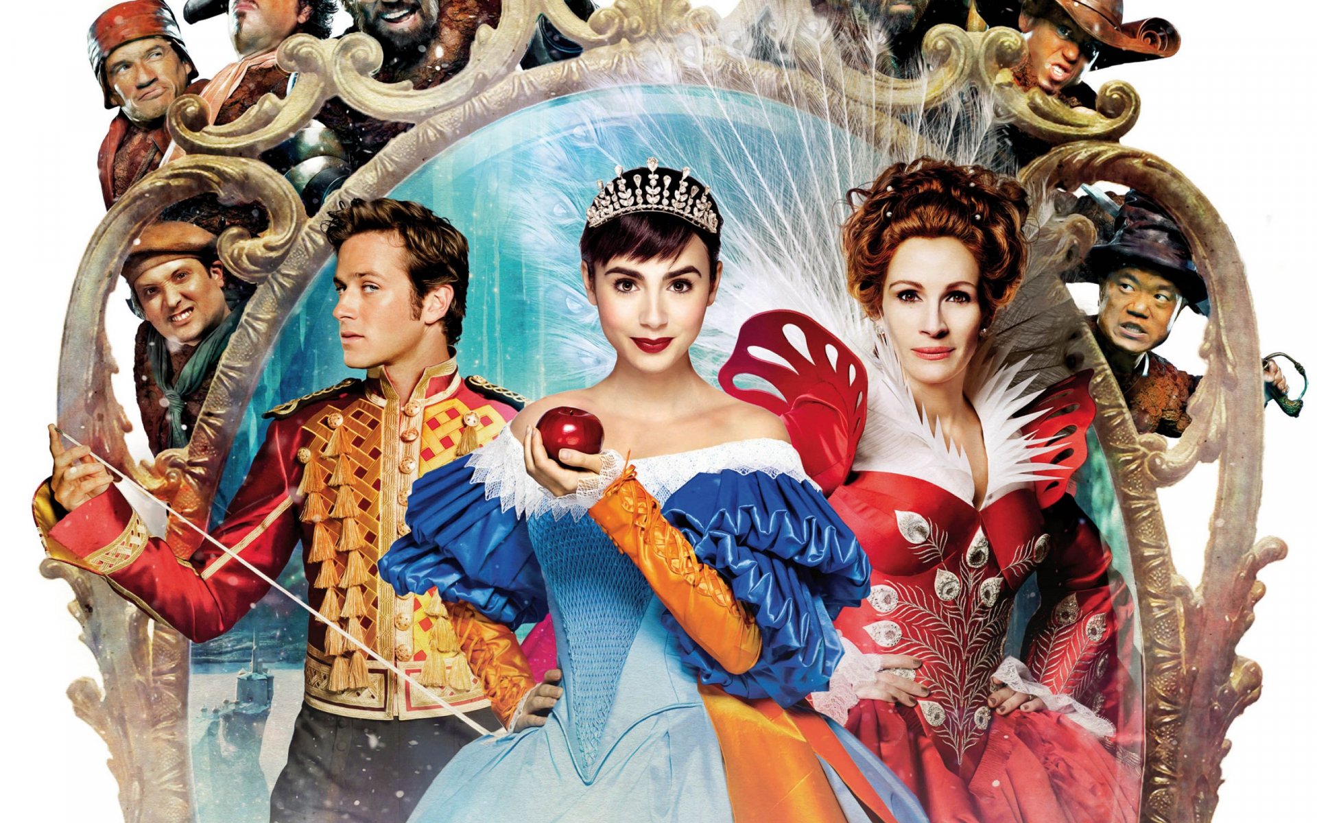 Movie poster for Mirror Mirror, featuring Julia Roberts as the Queen, Lily Collins as Snow White, and Prince Andrew Alcott, surrounded by a whimsical cast in a vibrant design.