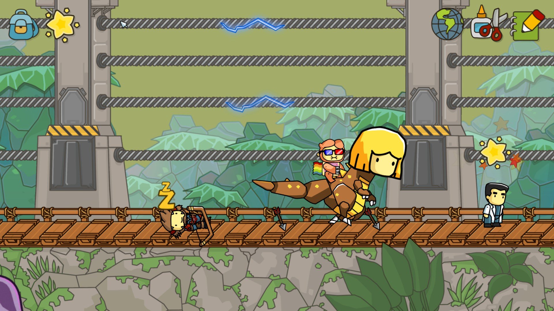 HD desktop wallpaper from Scribblenauts Unlimited featuring a character riding a dinosaur with whimsical objects and characters around.