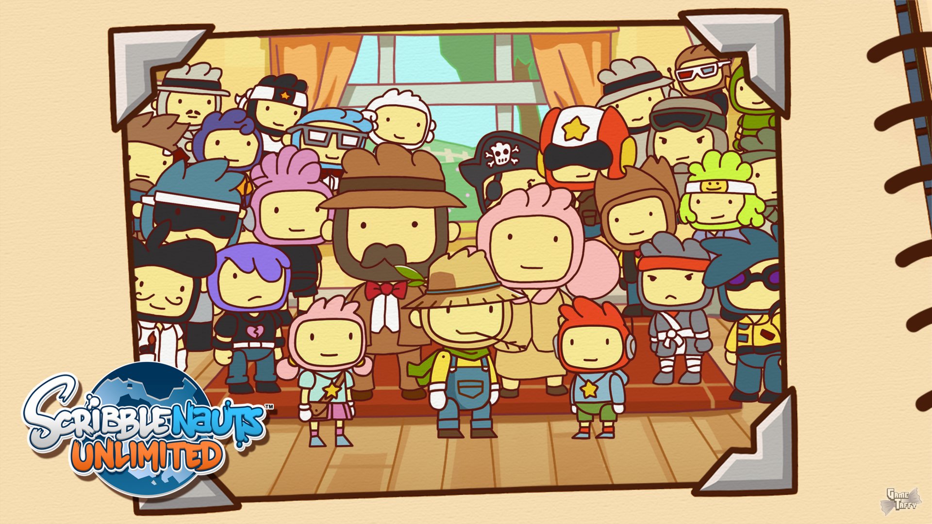 HD desktop wallpaper featuring a colorful assortment of Scribblenauts Unlimited characters standing together.