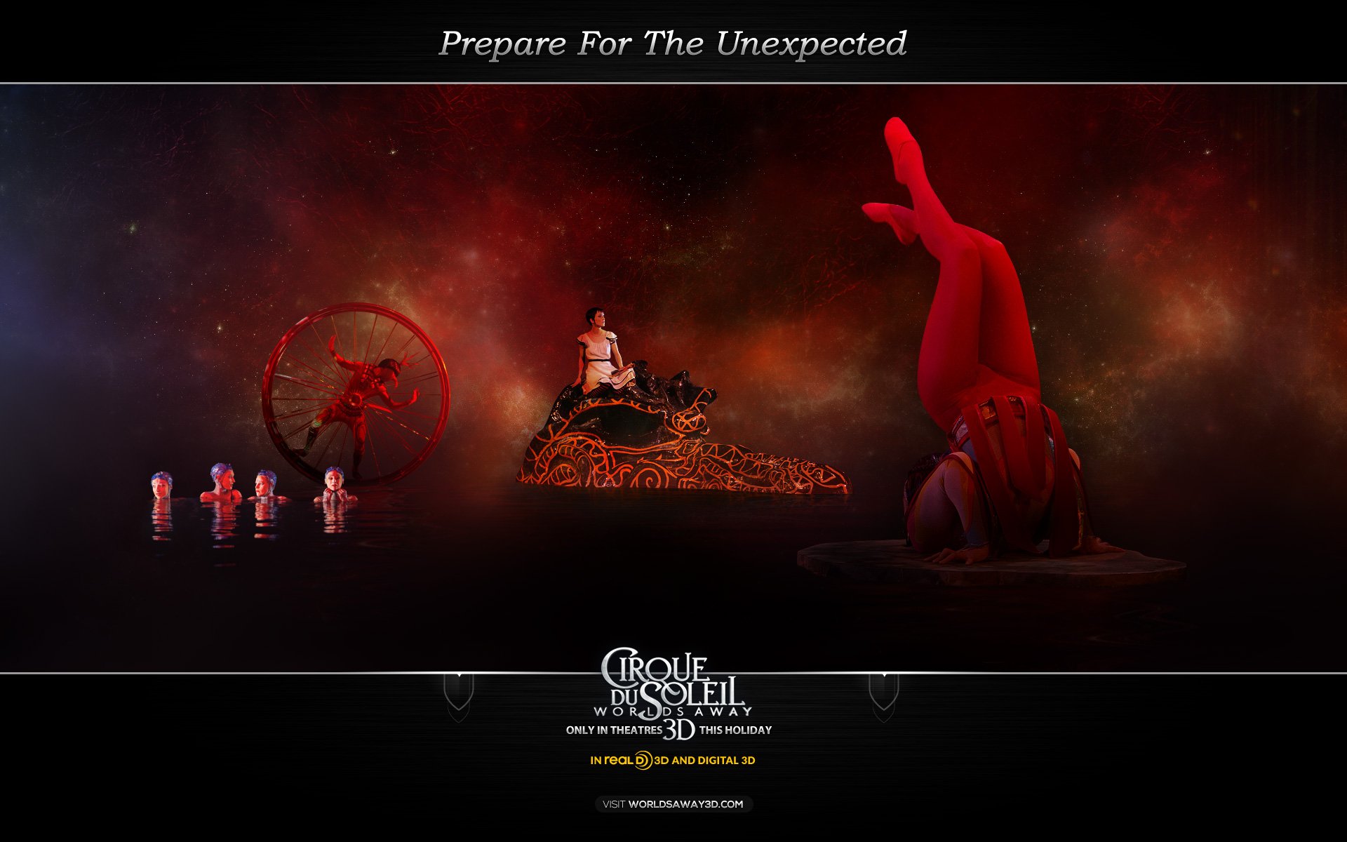 HD PC wallpaper featuring a surreal scene from Cirque du Soleil: Worlds Away, inspired by Igor Zaripov and Erica Linz’s cinematic art style.