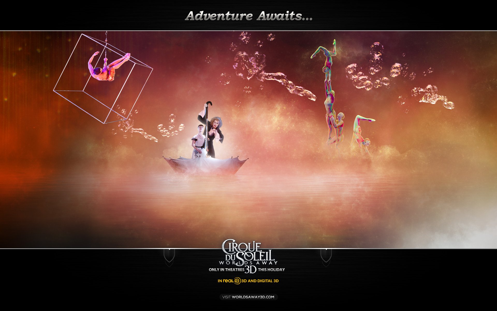 Surreal Cirque du Soleil: Worlds Away movie HD desktop wallpaper — acrobats float through dreamlike clouds and light, a cello in a small boat beneath the Adventure Awaits... banner.