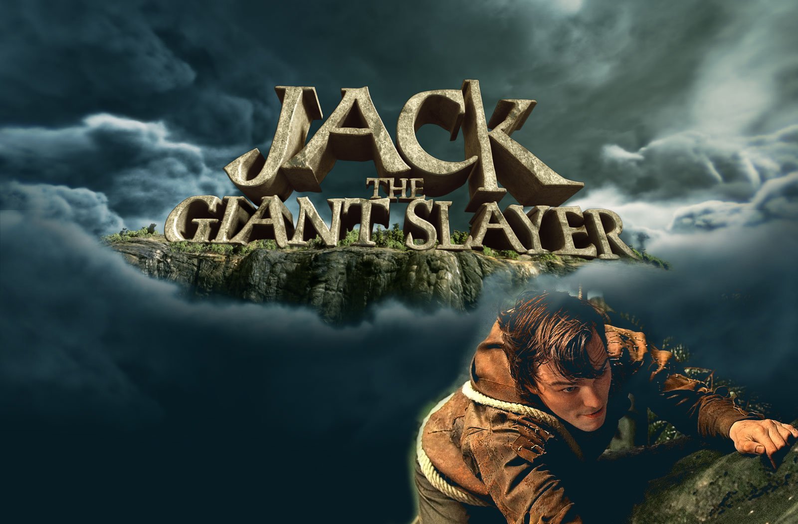 HD PC desktop wallpaper featuring the movie title Jack the Giant Slayer against a cloudy sky backdrop with the main character in a dynamic pose.