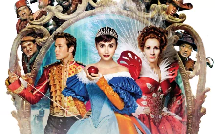 Movie poster for Mirror Mirror, featuring Julia Roberts as the Queen, Lily Collins as Snow White, and Prince Andrew Alcott, surrounded by a whimsical cast in a vibrant design.