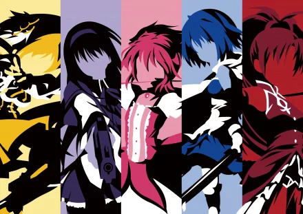 A vibrant HD desktop wallpaper featuring characters Sayaka Miki, Mami Tomoe, Kyōko Sakura, Madoka Kaname, and Homura Akemi from the anime Puella Magi Madoka Magica.