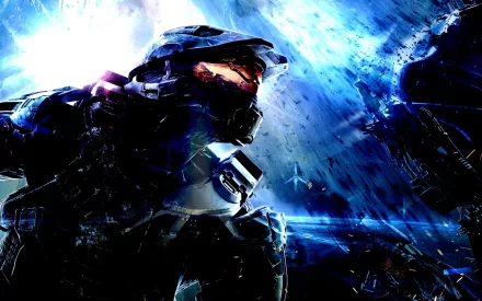 HD desktop wallpaper of a character from the video game Halo, depicted in a futuristic armor against a blue and cosmic background.