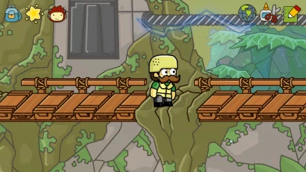 HD desktop wallpaper featuring a Scribblenauts Unlimited character on a bridge with game's whimsical art style background.