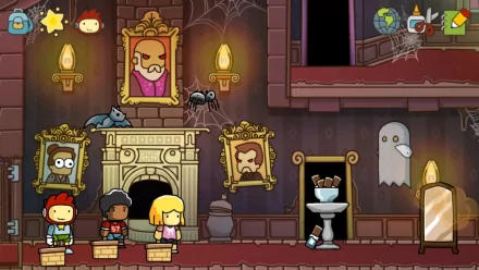 HD desktop wallpaper of Scribblenauts Unlimited with characters seated in a haunted house setting, complete with portraits and a ghost.