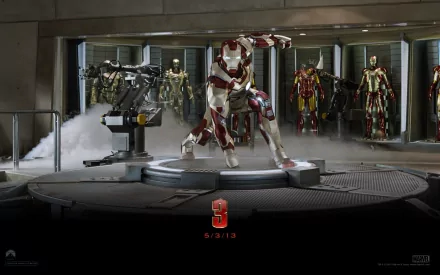 HD desktop wallpaper of Iron Man 3 featuring Tony Stark in his Iron Man suit, surrounded by various other Iron Man suits in the background.