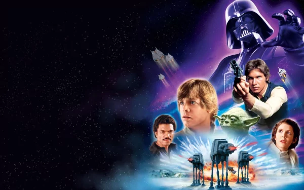 HD desktop wallpaper featuring iconic characters and scenes from Star Wars Episode V: The Empire Strikes Back, including Darth Vader, Luke Skywalker, Han Solo, and Imperial walkers.