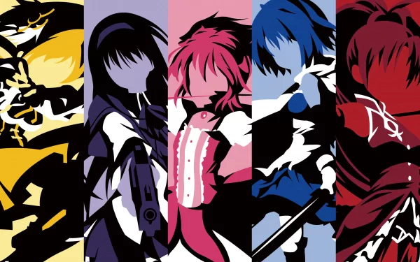 A vibrant HD desktop wallpaper featuring characters Sayaka Miki, Mami Tomoe, Kyōko Sakura, Madoka Kaname, and Homura Akemi from the anime Puella Magi Madoka Magica.