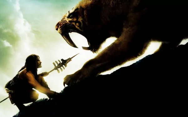 A dramatic scene from the movie 10,000 BC, featuring a warrior poised with a spear facing a ferocious saber-toothed tiger against a striking sky backdrop. A captivating HD desktop wallpaper.